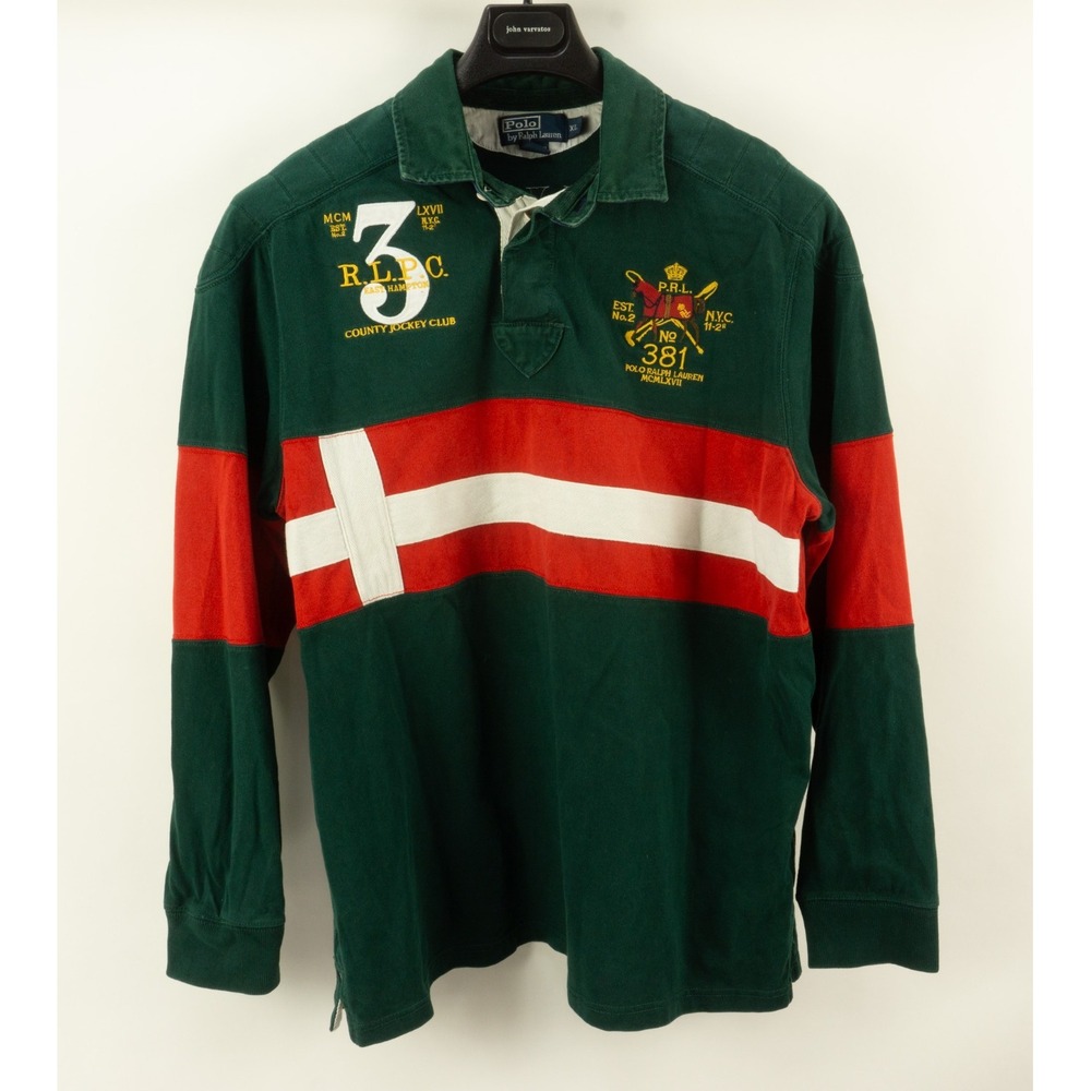 Vintage Polo Ralph Lauren Rugby Shirt Mens XL Green Red RLCO 67 Jockey Club 381